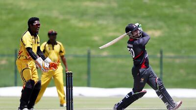 UAE batsman Shaiman Anwar plays a shot during the most recent Twenty20 against Papua New Guinea on Wednesday. The UAE won the match by five wickets. Pawan Singh / The National