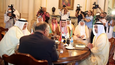 The foreign ministers from Saudi Arabia, the UAE, Egypt and Bahrain met in Cairo to discuss the next steps in the Qatar dispute. Khaled Elfiqi / Pool