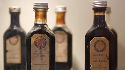 Bottled samples of oil by-products from France's Alsace region are on display at the French Oil Museum in Merkwiller-Pechelbronn. Vincent Kessler / Reuters