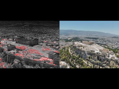 A photo taken with a thermal camera drone showing the temperature variations around the Parthenon on the Acropolis hill, alongside an image of the Athens landmark. Reuters