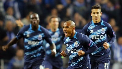 FC Porto's Yacine Brahimi celebrates his opening goal for his team in a 5-1 Champions League win over FC Basel on Tuesday night in Portugal. Miguel Vidal / Reuters / March 10, 2015