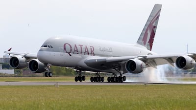 A Qatar Airways Airbus A380 touches down at Le Bourget airport in Paris. The carrier has confirmed it will not now take delivery of a planned order for A320 aircraft. Pascal Rossignol / Reuters
