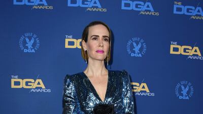 Sarah Paulson at the DGAs. Paulson wore a Miu Miu dress, Jimmy Choo shoes and Nikos Koulis jewellery, with a Tyler Ellis clutch. AFP