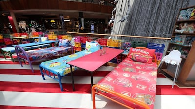 Customers can sit on seats fashioned out of single beds