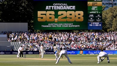The official attendance is displayed on the scoreboard at the Adelaide Oval. AFP