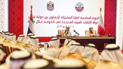 Sheikh Abdullah bin Zayed, Minister of Foreign Affairs and Sheikh Mohammed bin Abdul Rahman Al Thani, Foreign Minister of Qatar speak at the sixth session of the joint higher committee between the UAE and Qatar. Wam