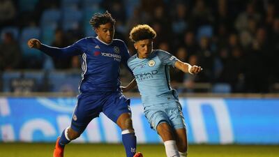 Manchester City's Jadon Sancho, right, during the FA Youth Cup final first leg against Chelsea at The Academy Stadium on April 18, 2017. Sancho joined German side Borussia Dortmund in the summer of 2017. Getty