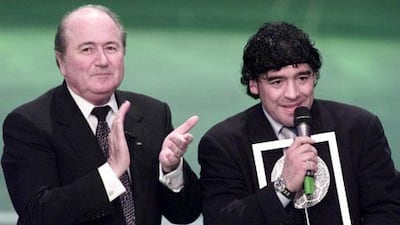 Sepp Blatter, left, presented Diego Maradona with his Joint-Player of the Century award in 2000. The Al Wasl coach does not think Blatter will step down, but says Fifa must take action ‘immediately against themselves as they are at fault’.