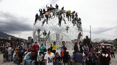 Anti-government demonstrators gather in El Arbolito Park to march against President Lenin Moreno and his economic policies in Quito, Ecuador. AP Photo