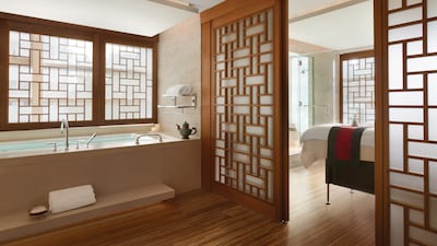 Each suite has its own fireplace, private bath, shower relaxation lounge and changing and vanity areas