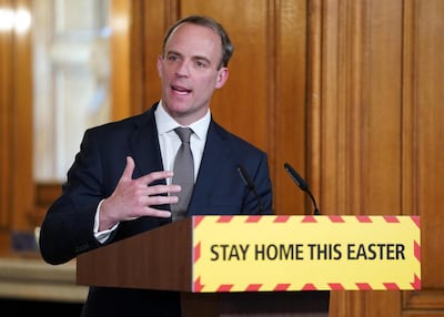Foreign Secretary Dominic Raab speaks as the UK's daily Covid-19 pandemic news conference. AFP
