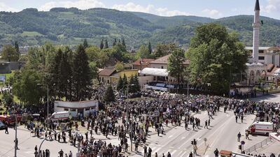 People gather on the main square, during the inauguration ceremony of the Ferhat Pasha mosque in Banja Luka on May 7, 2016. AFP