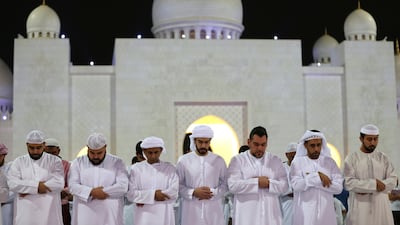 Muslims pray during Laylat Al Qadr at Sheikh Zayed Grand Mosque, Abu Dhabi, during the 27th night of Ramadan. EPA