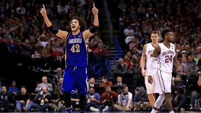 OKLAHOMA CITY, OKLAHOMA - MARCH 18: Aly Ahmed #42 of the Cal State Bakersfield Roadrunners reacts in the second half while taking on the Oklahoma Sooners in the first round of the 2016 NCAA Men's Basketball Tournament at Chesapeake Energy Arena on March 18, 2016 in Oklahoma City, Oklahoma. Tom Pennington/Getty Images/AFP== FOR NEWSPAPERS, INTERNET, TELCOS & TELEVISION USE ONLY ==