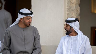 Sheikh Mohamed bin Zayed, Crown Prince of Abu Dhabi and Deputy Supreme Commander of the Armed Forces, and Sheikh Tahnoun bin Mohamed, Ruler's Representative in Al Ain Region, attend the group wedding reception.