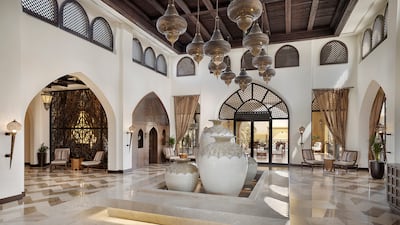 The entrance is dominated by Arabesque architecture, from Islamic archways and mashrabiya latticework to fanoos-style lighting