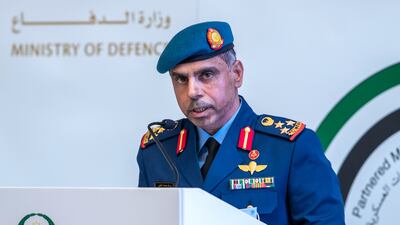 Brig Salem Al Kaabi, head of Executive Department of Military Judiciary at the Ministry of Defence, speaks at the event in Abu Dhabi. Victor Besa / The National