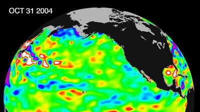 The red area shows part of the central equatorial Pacific Ocean in which water levels are about 10 centimetres higher than normal. This area contrasts with the Gulf of Alaska, where sea levels, in blue, are between 5 and 13cm below normal. This helps to illustrate the increasingly complicated picture that is emerging of global cycles of cooling and warming, and the effects they are having on climate change predictions and debate. Courtesy Nasa / JPL