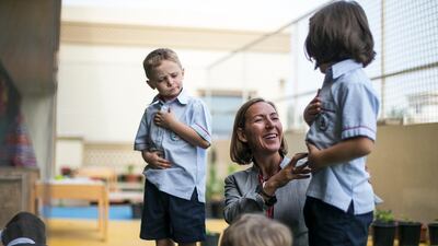 Pupils and teachers practising mindfulness in Ranches Primary School in Dubai under a programme called Sandy Seeds / Mona Al Marzooqi