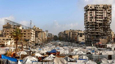 Tents and shelters set up among the rubble of the former headquarters of the Palestinian Legislative Council, in Gaza city. AFP