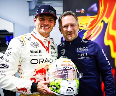 Race winner Max Verstappen, left, and Red Bull Racing Team Principal Christian Horner pose for a photo after the F1 Grand Prix of Las Vegas. AFP