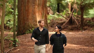 Prince Harry and Meghan, Duchess of Sussex visit Redwoods Tree Walk on October 31, 2018 in Rotorua, New Zealand. Getty Images