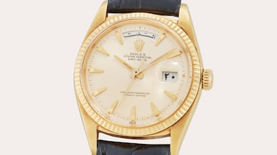 A yellow gold Rolex Reference 1803 Day-Date automatic wristwatch with Arabic day and date, owned by former Egyptian president Gamal Abdel Nasser. Photo: Sotheby's