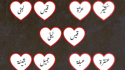 The names of couples who feature in Arabic love-lost poetry. Hussain Almoosawi / The National