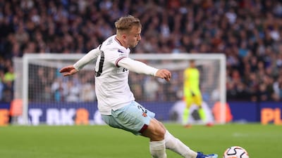 Jarrod Bowen of West Ham United scores their first goal against Aston Villa. Getty