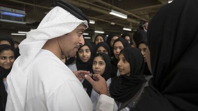Sheikh Hazza bin Zayed, Deputy Chairman of Abu Dhabi Executive Council, speaks to students at the Zayed Education Complex at the Abu Dhabi Centre for Technical and Vocational Education and Training (ACTVET). Wam