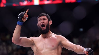 Khamzat Chimaev celebrates after submitting Robert Whittaker in their middleweight bout during UFC 308 at the Etihad Arena in Abu Dhabi on Saturday, October 26, 2024. All images Chris Whiteoak / The National