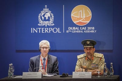 Jürgen Stock, secretary general of Interpol, and Major General Abdullah Al Marri, commander-in-chief of Dubai Police, pictured on the first day of the Interpol General Assembly in Dubai. Courtesy: Interpol