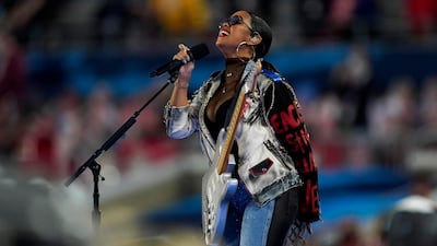 HER performs 'America the Beautiful' before the NFL Super Bowl 55 football game between the Kansas City Chiefs and Tampa Bay Buccaneers. AP