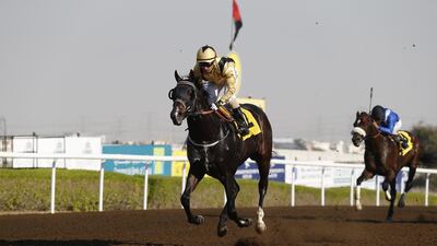 With jockey Silvestre De Sousa aboard, Interpret, left, runs away from the competition in the Jebel Ali Stakes Prep in Dubai on Friday. Antonie Robertson / The National