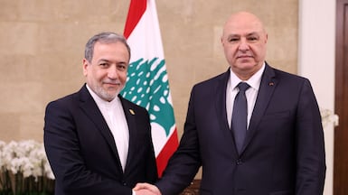 Lebanese President Joseph Aoun, right, with Iranian Foreign Minister Abbas Araghchi at the Presidential Palace in Baabda, east of Beirut. Photo: Lebanese Presidency