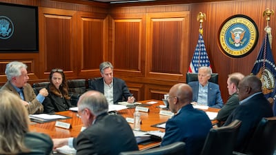 President Joe Biden meets members of the National Security Council in the White House situation room during Saturday's missile attacks against Israel. White House / EPA