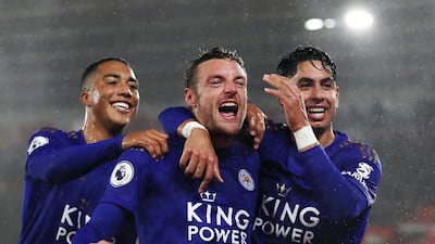 Leicester's Jamie Vardy celebrates scoring his team's fifth goal in the 9-0 humiliation of Southampton. Getty