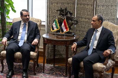 Syrian Foreign Minister Asaad Al Shibani, left, met his Egyptian counterpart Badr Abdelatty near Cairo this month. EPA