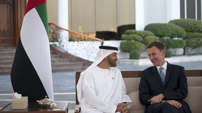Sheikh Mohamed bin Zayed meets Jeremy Hunt, UK's Secretary of State for Foreign and Commonwealth Affairs, during a Sea Palace barza. Hamad Al Kaabi / Ministry of Presidential Affairs