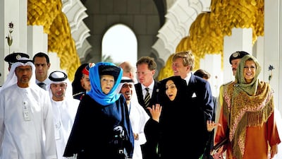 Dutch Queen Beatrix, third from left, visited the Sheikh Zayed Grand Mosque together with then Crown Prince Willem-Alexander and Princess Maxima, far right, now King and Queen of the Netherlands AFP