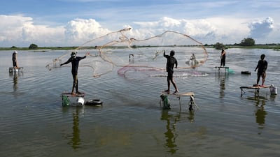 Cambodian fishermen cast their nets into a lake in Kandal province, near Phnom Penh. AFP