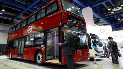 A BYD double-decker electric bus at the EV Trend Korea exhibition in Seoul, South Korea. Electric bus fleet in CHina is huge and worldwide the uptake of the vehicles is begining toi affect the oil market.SeongJoon Cho/Bloomberg