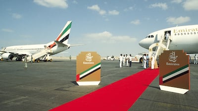 The red carpet is rolled out for the inaugural Emirates flight in 1985. Photo: Emirates