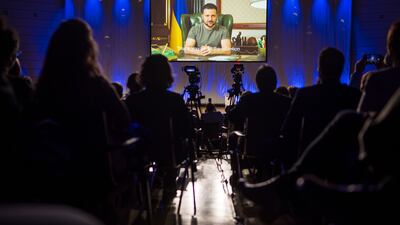 Ukrainian President Volodymyr Zelenskyy addresses the publishing industry at the Frankfurt Book Fair. Getty Images