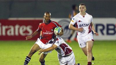 An all-Emirati UAE Shaheen side, in red, played Doha in November and will be a regular feature at The Sevens stadium, Dubai. Jake Badger for The National