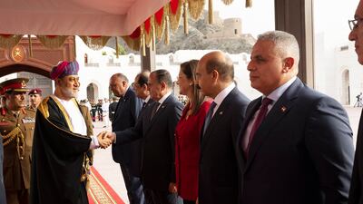 Sultan Haitham greets members of the Egyptian delegation.