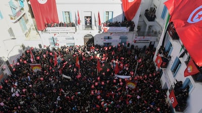 The general secretary of General Union of Tunisian workers, Noureddine Taboubi, gives a speech at the union headquarters. AFP