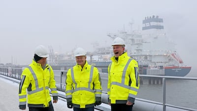 German Chancellor Olaf Scholz and his cabinet colleagues inaugurate the Hoegh Esperanza LNG floating storage regasification unit in Wilhelmshaven on Saturday. Bloomberg