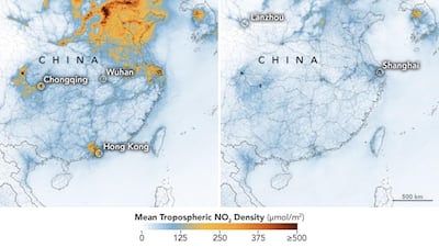 Maps showing the concentrations of nitrogen dioxide over China between January 1, 2020 and February 25, 2020. EPA