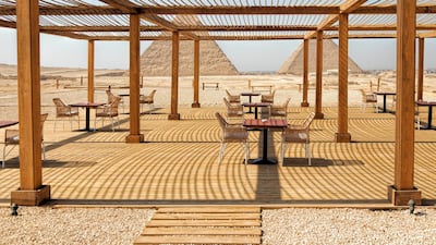 The restaurant is on the southern side of the pyramids, and is made up of five indoor and outdoor light structures